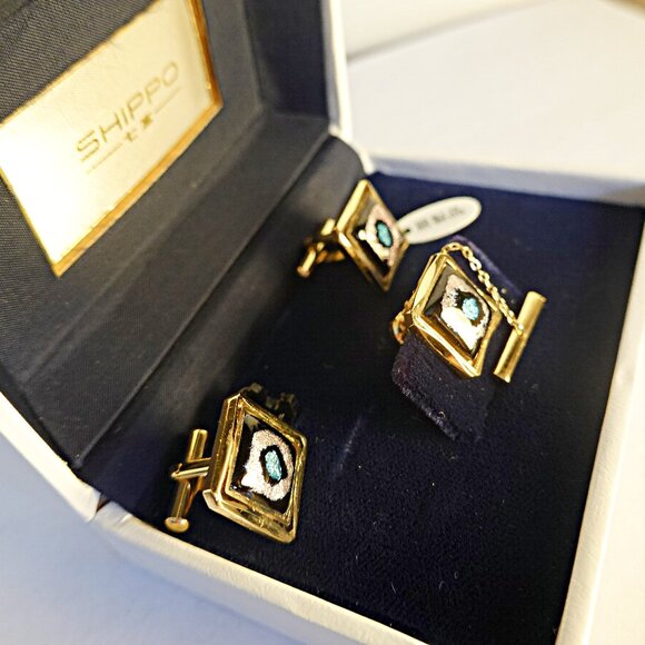 Cloisonné Shippo Cuff Links and Tie Tack Set- New With Tags - Picture 2 of 2
